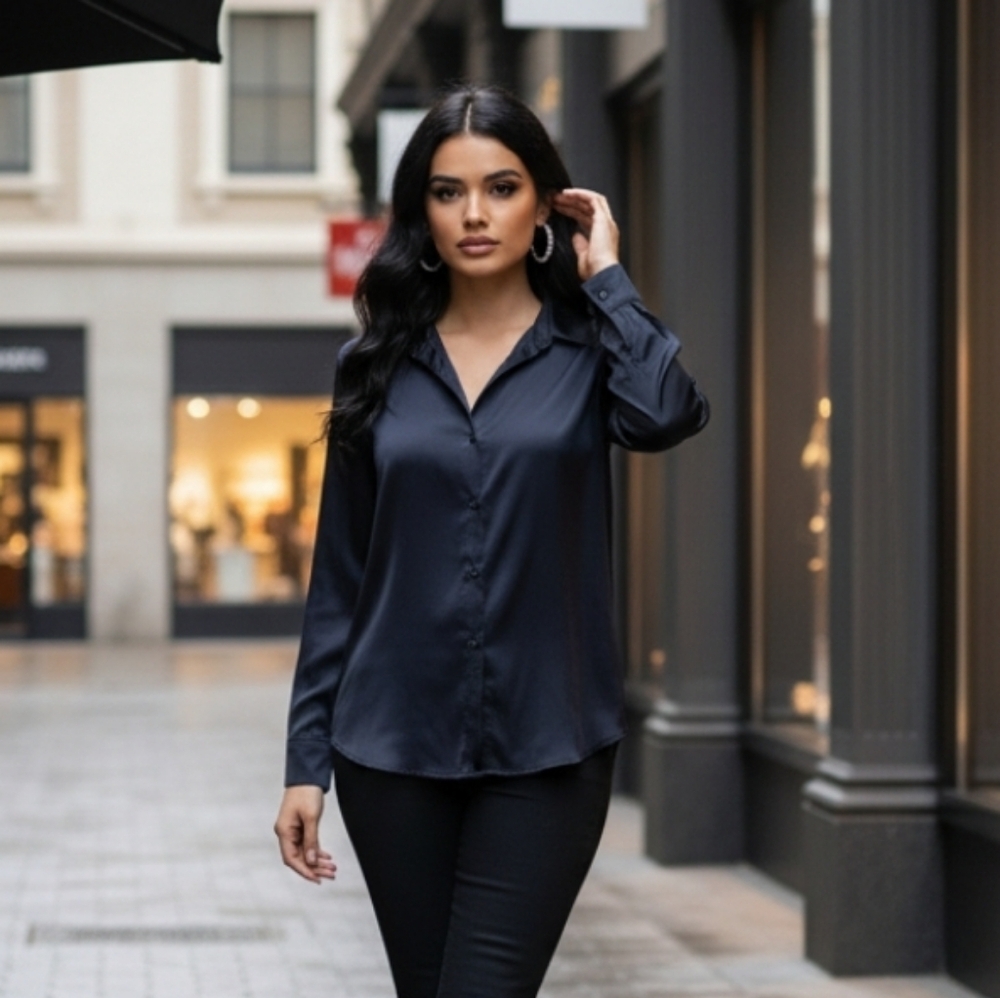 Chic Silky Black Button Down Shirt Women's Size XL